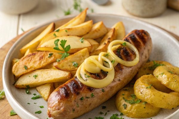Bratwurst mit Zwiebelsauce und Ofenkartoffeln – Deftiger Genuss für die ganze Familie