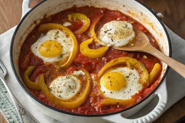 Eier in Tomatensoße mit Paprika & Feta – Herzhaftes Ofengericht für jede Tageszeit