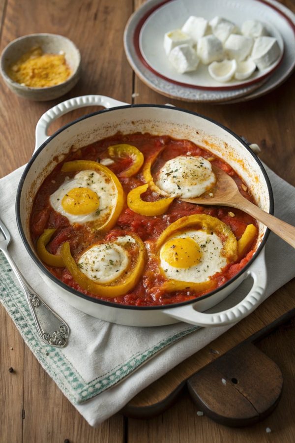 Eier in Tomatensoße mit Paprika & Feta – Herzhaftes Ofengericht für jede Tageszeit