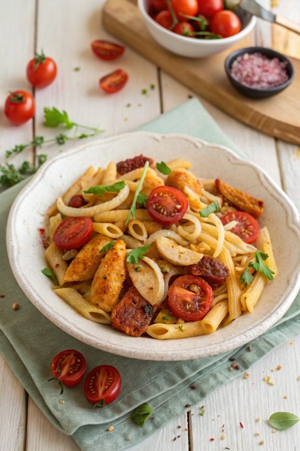 Nudel-Tomaten-Hähnchentopf mit Chorizo – Deftig, würzig und schnell gemacht