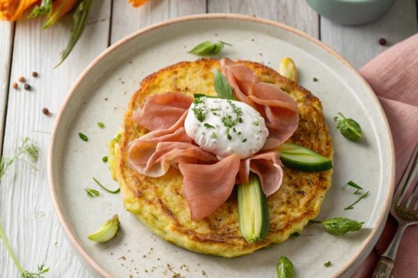 Herzhaft & Sommerlich: Pfannkuchen mit Schinken, Zucchiniblüten & Kresse-Joghurt