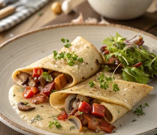 Gefüllte Pfannkuchen mit Gemüse und Speck