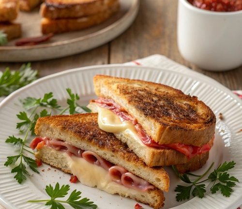 Herzhafte Arme Ritter mit Schinken, Gouda und Ajvar