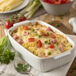 Makkaroni-Auflauf mit Schinken, Porree und Tomaten