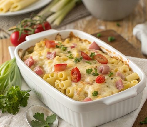 Makkaroni-Auflauf mit Schinken, Porree und Tomaten