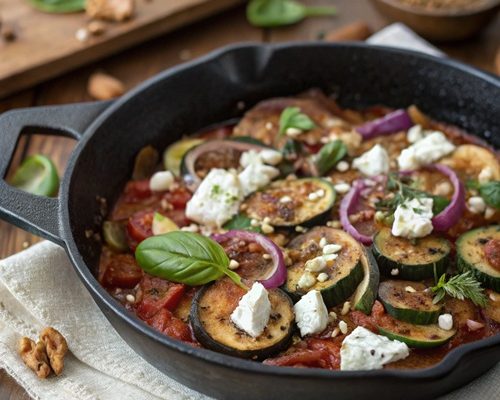 Pilz-Zucchini-Pfanne mit Feta und Walnüssen – schnell, würzig & vegetarisch!
