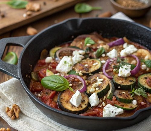 Pilz-Zucchini-Pfanne mit Feta und Walnüssen