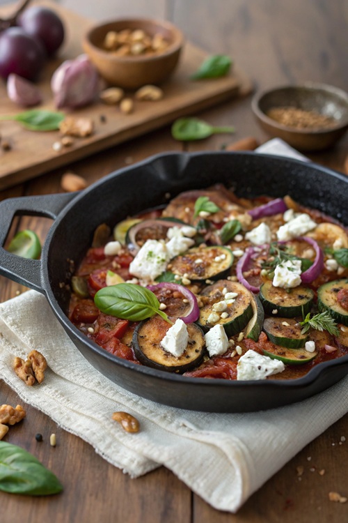 Pilz-Zucchini-Pfanne mit Feta und Walnüssen – schnell, würzig & vegetarisch!
