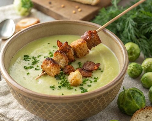 Rosenkohl-Kartoffel-Suppe mit knusprigen Bacon-Spießen – cremig, würzig und überraschend raffiniert!