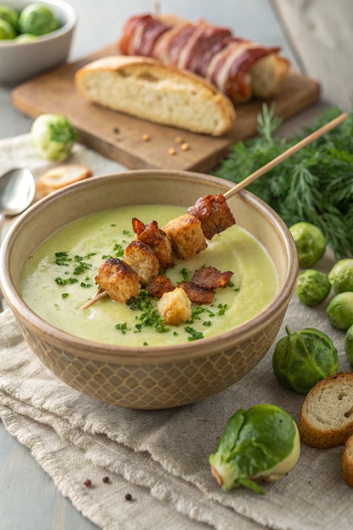 Rosenkohl-Kartoffel-Suppe mit knusprigen Bacon-Spießen – cremig, würzig und überraschend raffiniert!