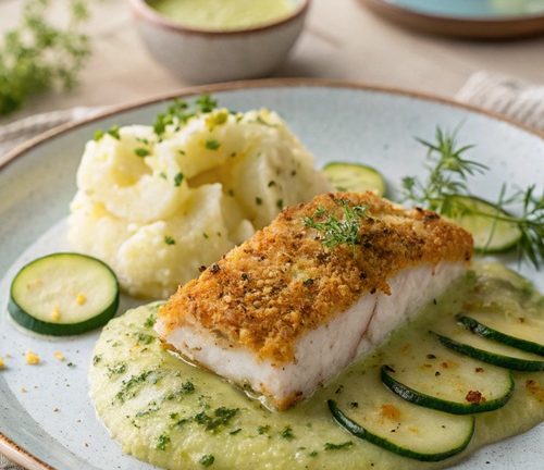 Überbackener Fisch mit cremigem Püree & Zucchinisoße
