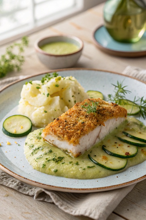Überbackener Fisch mit cremigem Püree & Zucchinisoße