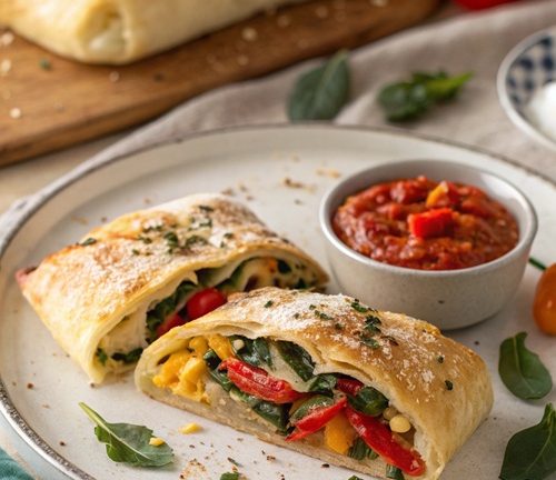 Pizzastrudel mit Mangold und würzigem Dip