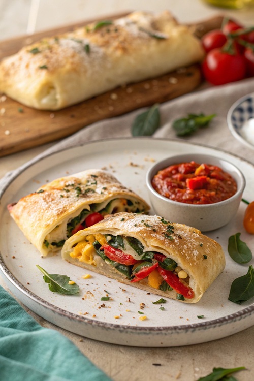 Pizzastrudel mit Mangold und würzigem Dip
