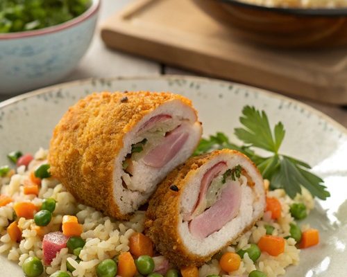Gefüllte Putenschnitzel mit Kochschinken & bunter Gemüsereis