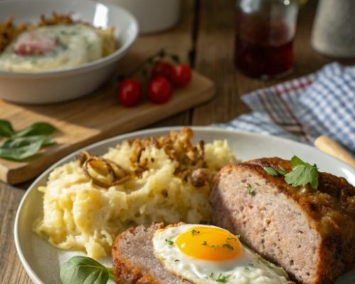 Fleischkäse mit Spiegelei & Röstzwiebel-Püree – schneller Klassiker für jeden Tag