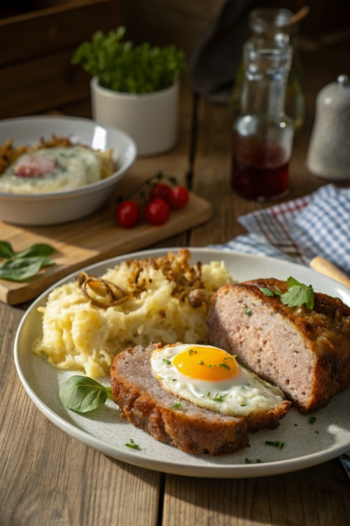 Fleischkäse mit Spiegelei & Röstzwiebel-Püree – schneller Klassiker für jeden Tag