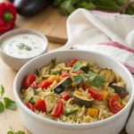 Gemüse-Reispfanne mit Joghurt-Dip