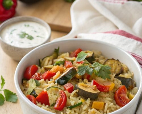 Schnelle Gemüse-Reispfanne mit Joghurt-Dip – leichtes Wohlfühlessen für jeden Tag