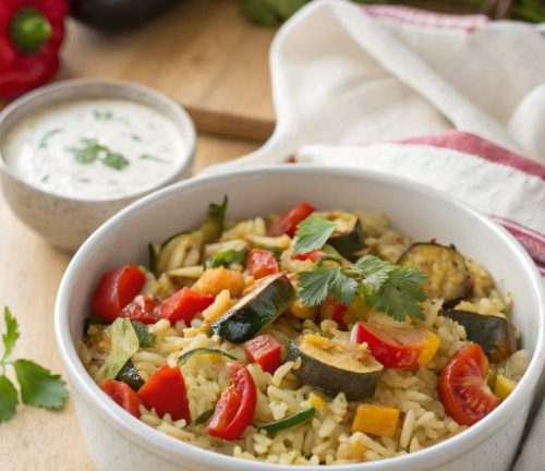 Gemüse-Reispfanne mit Joghurt-Dip