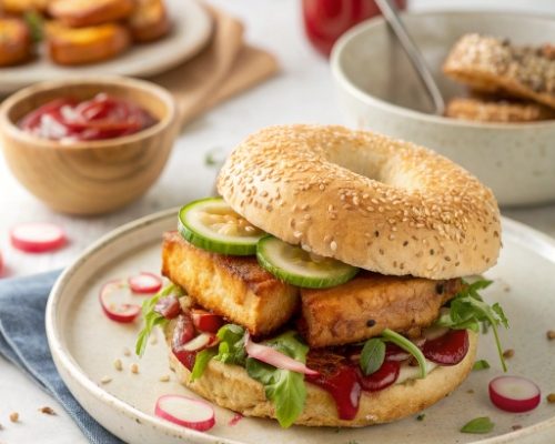 Vegetarischer Tofu-Bagel-Burger – schnell, frisch & richtig lecker