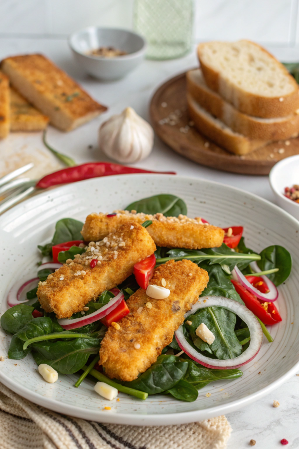 Fischstäbchen an Blattspinat mit Knoblauchbaguette – ein Familienklassiker mit Wohlfühlfaktor