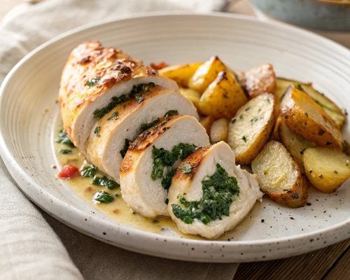Hasselback-Hähnchen mit Spinat & knusprigen Kartoffeln – ein Ofengericht für die ganze Familie