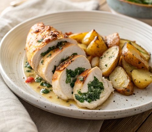 Hasselback-Hähnchen mit Spinat & knusprigen Kartoffeln – ein Ofengericht für die ganze Familie