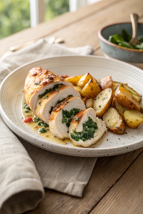 Hasselback-Hähnchen mit Spinat & knusprigen Kartoffeln – ein Ofengericht für die ganze Familie