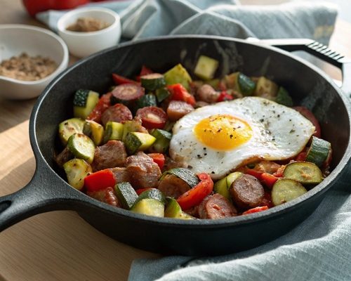 Zucchini-Wurst-Pfanne mit Spiegelei – herzhaft, schnell & perfekt für den Feierabend