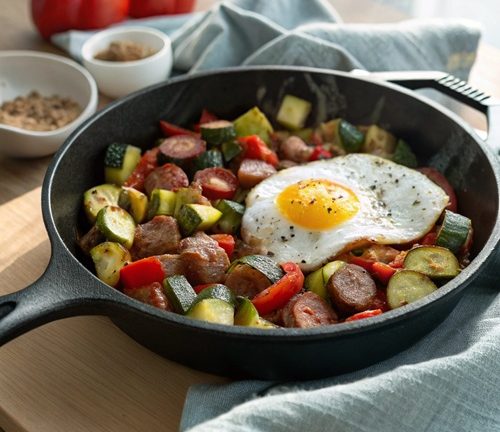 Zucchini-Wurst-Pfanne mit Spiegelei – herzhaft, schnell & perfekt für den Feierabend
