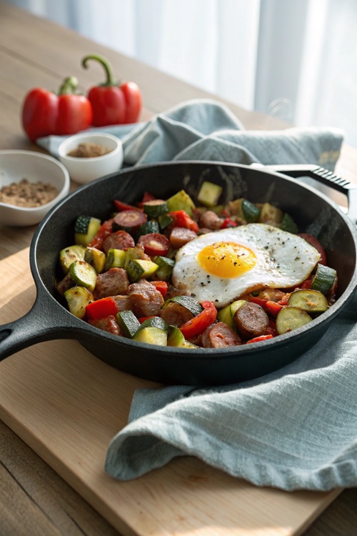 Zucchini-Wurst-Pfanne mit Spiegelei – herzhaft, schnell & perfekt für den Feierabend