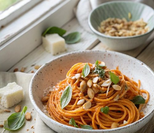 Spaghetti mit Möhren-Pesto – vegetarisch, aromatisch & in 25 Minuten fertig