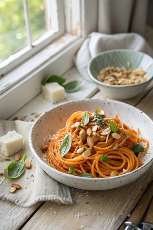 Spaghetti mit Möhren-Pesto – vegetarisch, aromatisch & in 25 Minuten fertig