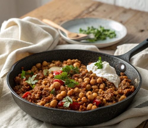 Hack-Kichererbsen-Pfanne mit Curry – würzig, cremig & perfekt für die Familienküche