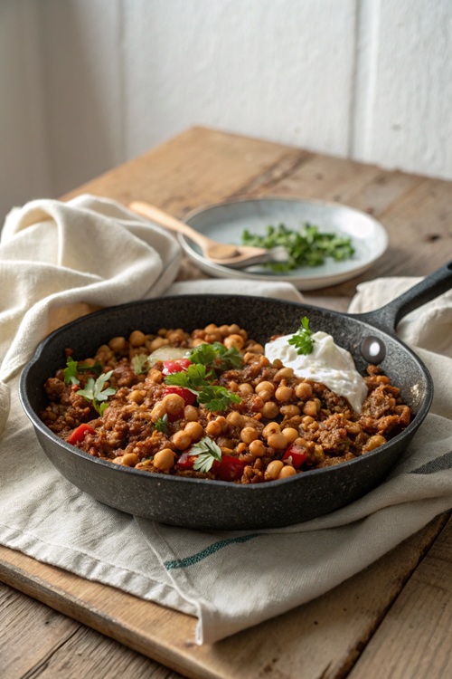 Hack-Kichererbsen-Pfanne mit Curry – würzig, cremig & perfekt für die Familienküche
