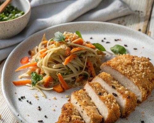 Kokos-Schnitzel zu Asianudeln – knusprig, exotisch & in 30 Minuten fertig
