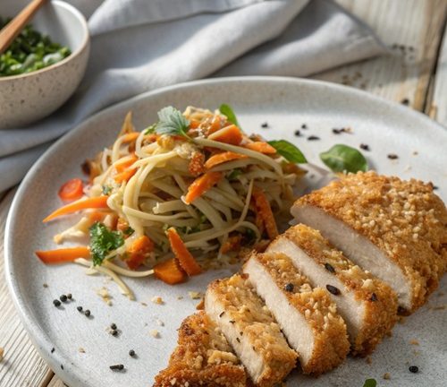 Kokos-Schnitzel zu Asianudeln – knusprig, exotisch & in 30 Minuten fertig