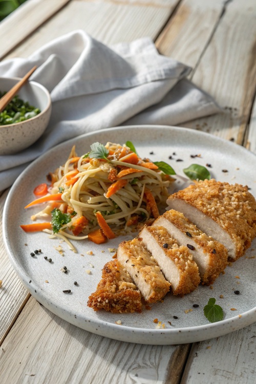 Kokos-Schnitzel zu Asianudeln – knusprig, exotisch & in 30 Minuten fertig