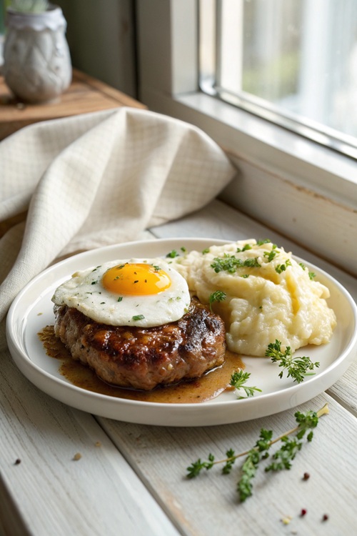 Minuten-Steaks mit Kartoffelpüree und Spiegelei – klassisches Familiengericht in 30 Minuten
