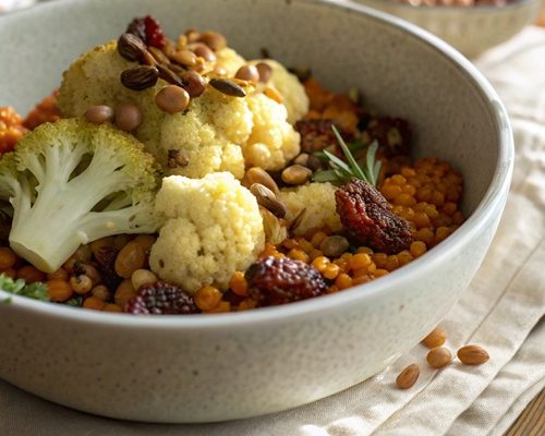 Blumenkohl mit Linsen und Pinienkernen – vegetarisch, aromatisch & voller Genuss