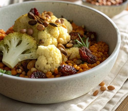 Blumenkohl mit Linsen und Pinienkernen – vegetarisch, aromatisch & voller Genuss