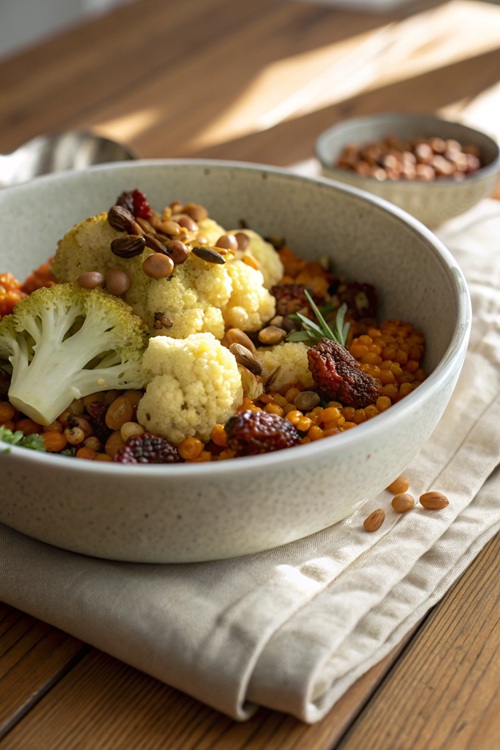 Blumenkohl mit Linsen und Pinienkernen – vegetarisch, aromatisch & voller Genuss