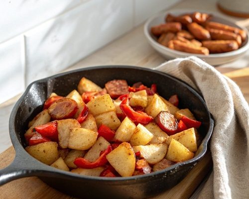 Kartoffel-Pfanne mit Paprika und Kabanossi – schnelles Feierabendgericht in 20 Minuten