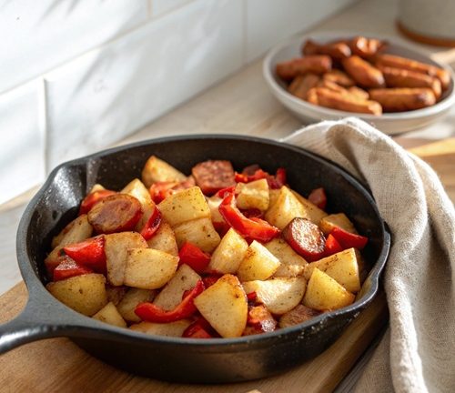 Kartoffel-Pfanne mit Paprika und Kabanossi – schnelles Feierabendgericht in 20 Minuten