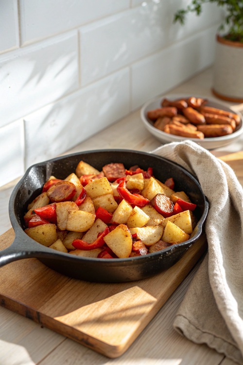 Kartoffel-Pfanne mit Paprika und Kabanossi – schnelles Feierabendgericht in 20 Minuten