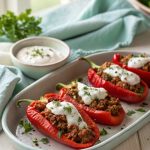 Spitzpaprika mit Mett und Reis – herzhaft gefüllt & mit frischer Joghurt-Minz-Sauce