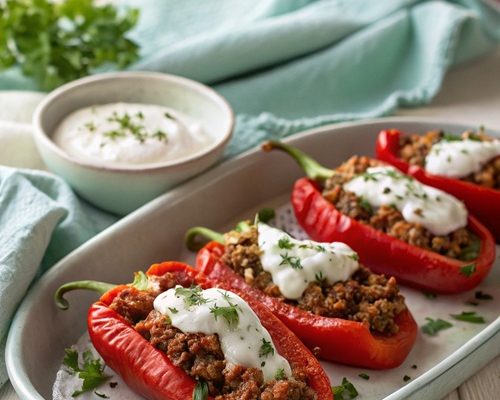 Spitzpaprika mit Mett und Reis – herzhaft gefüllt & mit frischer Joghurt-Minz-Sauce