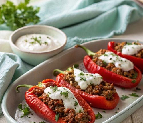 Spitzpaprika mit Mett und Reis – herzhaft gefüllt & mit frischer Joghurt-Minz-Sauce