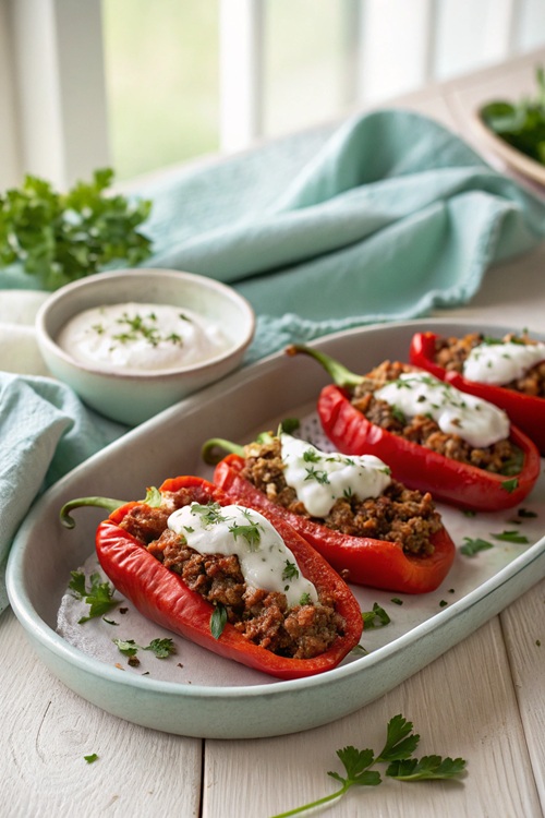 Spitzpaprika mit Mett und Reis – herzhaft gefüllt & mit frischer Joghurt-Minz-Sauce